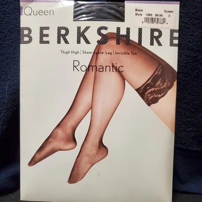 BERKSHIRE Nylon Stockings Lace Sissy Thigh High Sz Black Queen 2 185-250 lbs - Image 1 of 4