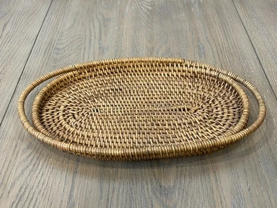 Vintage MCM Boho Oval Wicker Rattan Serving Tray Platter Cup Holder - Image 1 of 2