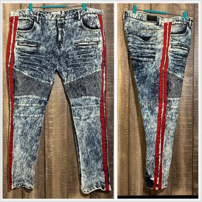 Jeans masculino FWRD DENIM 48 lavagem ácida listra vermelha com nervuras zíper desgastado Y2K - Imagem 1 de 4