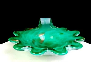 Murano Italien Kunst Glas grün gold Aventurin Griff 8 1/4" Bonbon Nuss Schale 1950 - Bild 1 von 11