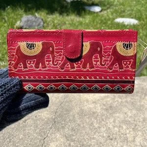 Soft Leather Elephant Wallet Embossed Tooled Painted Clutch Snap Coin Bill Boho - Picture 1 of 9