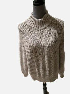 Time And Tru Women Beige High Neck Chunky Cable Sweater Pullover Size L. New - Picture 1 of 7