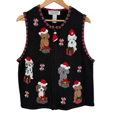 De Colección Años 90 Navidad Cachorro Suéter Chaleco Talla L Abuela Núcleo Vacaciones Perros Santa Sombrero Foto 1 de 4