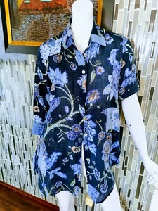 Weiche Umrandung Damen M blau Boho Blumen Knopfleiste Bluse Leinenmischung 0354 - Bild 1 von 5