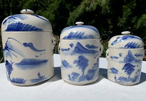Antique Chinese Asian HandPainted Double Lidded Tea Ginger Spice Kitchen Jars -3 - Picture 1 of 24