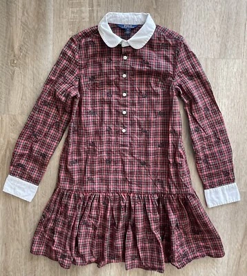 Vestido Polo Ralph Lauren Rojo Popelina a Cuadros Cintura Caída Bordado Scotty Dogs 10 Foto 1 de 4