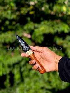 Handcrafted Black Obsidian Arrowhead Knife: Wooden Handle Athame 8" - Picture 1 of 5