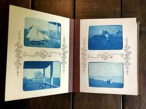 Wonderful Miniature BLUE CYANOTYPE Photo Album 1890s 1900s Train Bicycles Boxing - Picture 1 of 10