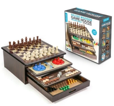 Deluxe Wooden Family Board Game House For Kids, 10 Games: 32.5L x 32.5W x 15Hcm - Image 1 of 4