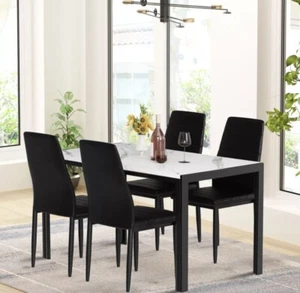 5 piece dining table set faux marble top dining table and four high back chairs - Picture 1 of 5