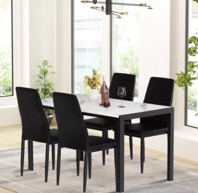 5 piece dining table set faux marble top dining table and four high back chairs - Image 1 of 4