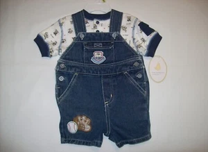 NEW First Moments Baby Boy Denim Shorts Overalls Shirt Set Baseball 3 Months - Picture 1 of 18