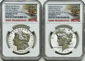 2023 S US MINT $1 MORGAN PEACE SILVER DOLLAR TWO-COIN SET NGC REVERSE PF70 FDI - Picture 1 of 6