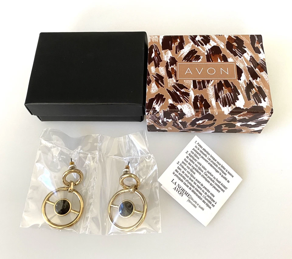 Avon Cali Deco Pierced Earrings Black Faceted Bead Dangle Drop Gold Tone Round