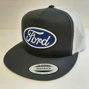 Ford Oval Flat Brim Cap Embroidered Blue Patch Mesh Snapback Gray Mullet Hair - Picture 1 of 4