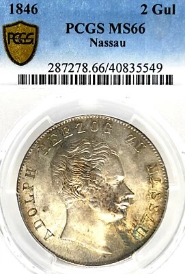 German States Nassau 1846 2 Gulden Coin Thaler PCGS MS66 STG/BU UNC TOP POP RARE - Image 1 of 3