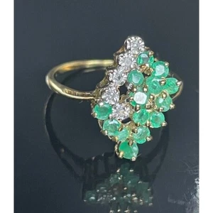 YELLOW GOLD  EMERALD AND DIAMOND COCKTAIL RING SIZE 7.5 SKY - Picture 1 of 10
