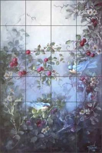 Floral Art Ceramic Tile Mural Backsplash Taite Bluebird Raspberry POV-FPT011 - Picture 1 of 4