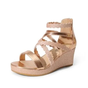 Girls Wedge Sandals Summer Flatform Open Toe 6 Big Kid Champagne-glitter - Picture 1 of 7