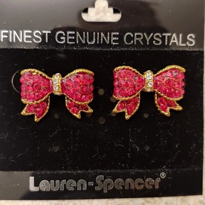 Lauren Spencer Red Crystal Bows Earrings NIP Pierced Holiday Party Christmas  - Image 1 of 4