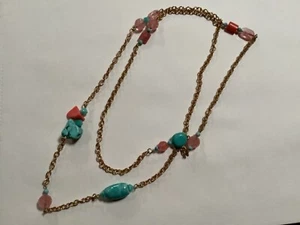 vintage necklace peach coral turqoise shell 38 " gold tone - Picture 1 of 12