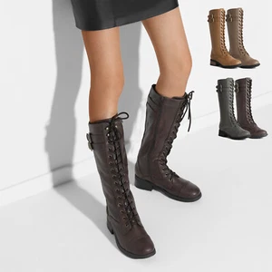 Women Winter Knee High Boots Lace Up Low Heel Side Zipper Riding Boots 5-12 Size - Picture 1 of 26