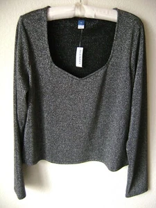 NEW NWT OLD NAVY WOMEN'S SPARKLE BLOUSE XL BLACK METALLIC PULLOVER STRETCH TOP - Picture 1 of 7
