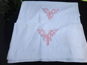 Pair Of Vintage White Mr. & Mrs. Hand Embroidery Orange & Blue Pillowcases - Picture 1 of 4