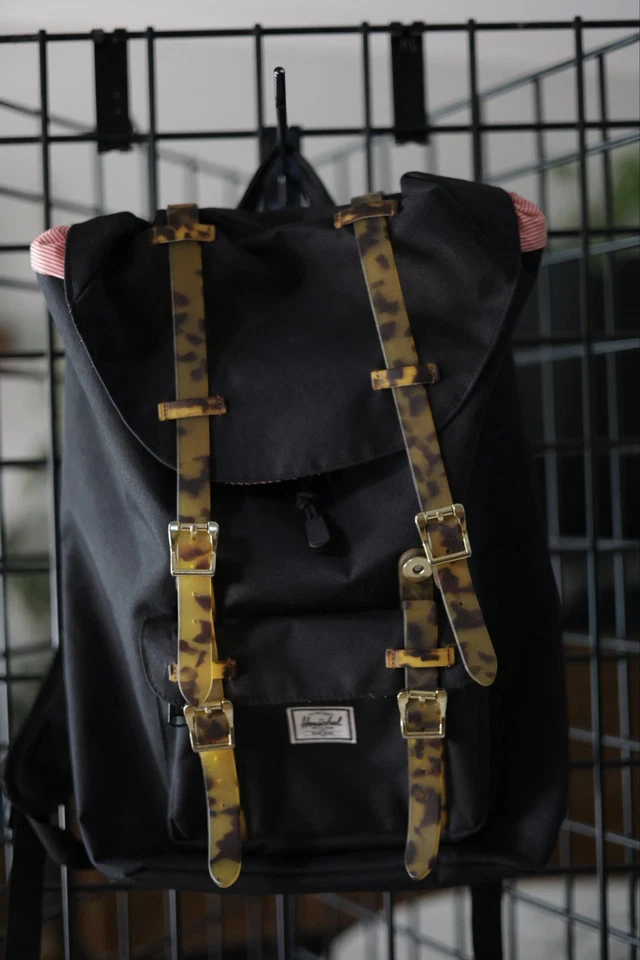 Herschel Little America Backpack – Black w/ Tortoise Straps – Classic Style - Image 1 of 2