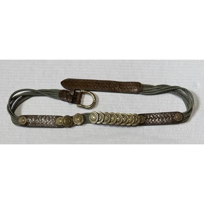 Woven Cord & Leather Belt with Gold Coin Accents -Women's Boho Western Accessory - Image 1 of 4