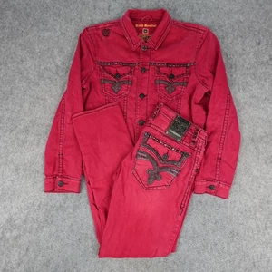 Rock Revival Jeans Mens 36x34 Jacket XL Set Red Pedro Alt Straight Embellished - Picture 1 of 24