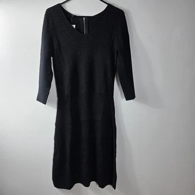 Talbots Black Textured Knit V Neck 3/4 Sleeve Sheath Dress Size S - Image 1 of 4