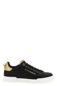 DOLCE&GABBANA Women's Portofino Black/Gold Leather Sneakers New & Authentic - Picture 1 of 5
