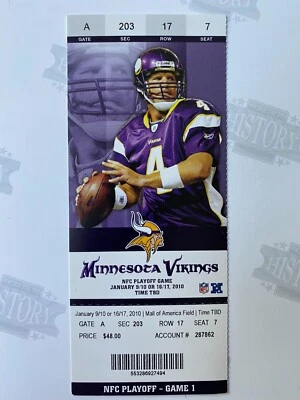 2009 NFL Playoffs Cowboys Vikings Ticket 1/17/10 Brett Favre 4 TDs Touchdowns - Image 1 of 2