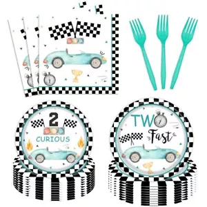 Boy Two Fast Birthday Party Tableware Set Dusty Blue Black Race Car Party Tab... - Picture 1 of 6
