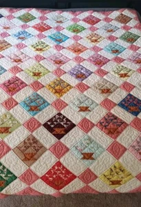 VTG Handmade Patchwork Diamond Quilt Flower Pot Design Homemade Twin Bed Pink - Picture 1 of 12