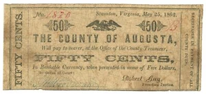 1862 County of Augusta, Staunton, Virginia 50c Obsolete Note No.1820 (62144) - Picture 1 of 2