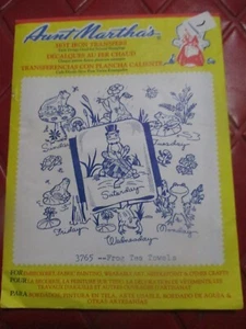 VINTAGE Aunt Martha's IRON-ON Embroidery TRANSFERS- #3765 FROG TEA TOWELS - Picture 1 of 2