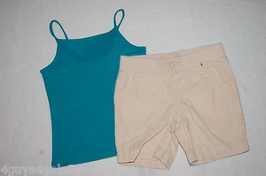 Girls TEAL CAMI TANK TOP & LT BEIGE BERMUDA SHORTS Elast Waist 2 Pkts S 6-6X - Picture 1 of 1