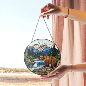 Bear Stained Glass Suncatcher, Mountain Landscape Wall Decor, Rustic Cabin Style - Picture 1 of 6