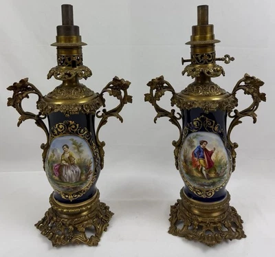 Antique French Porcelain Oil Lamps Vases Pair Blue Hand Painted Gilt Bronze 19 C - Image 1 of 4