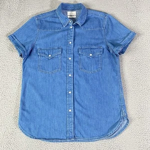 J Crew Denim Pearl Snap Shirt Women Small Blue Classic Top Short Sleeve Western - Picture 1 of 8