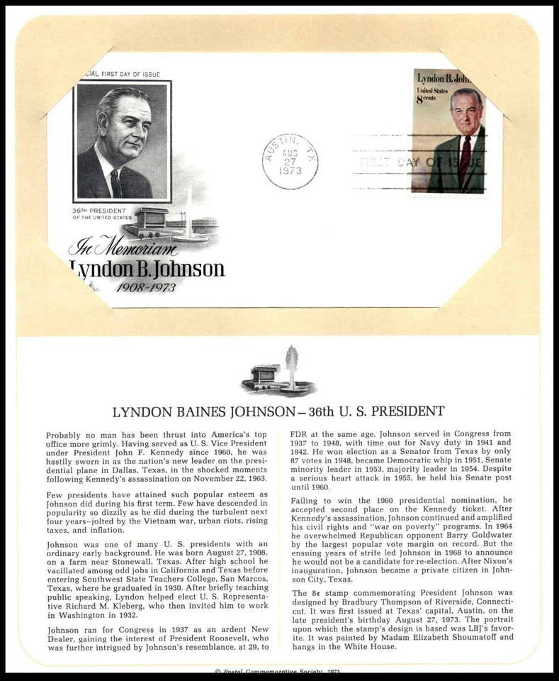 1973 Lyndon B Johnson Sc 1503 FDC PCS panel, 36th President civil rights - Image 1 of 1