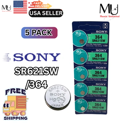 5X Sony SR621SW 364 AG1 SILVER OXIDE Coin WATCH BATTERY 1.55V EXP 2030 - Image 1 of 4
