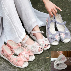 Women Embroidered Cloth Shoes Flat Chinoiserie Retro Wedges Peep Toe Sandals - Picture 1 of 15