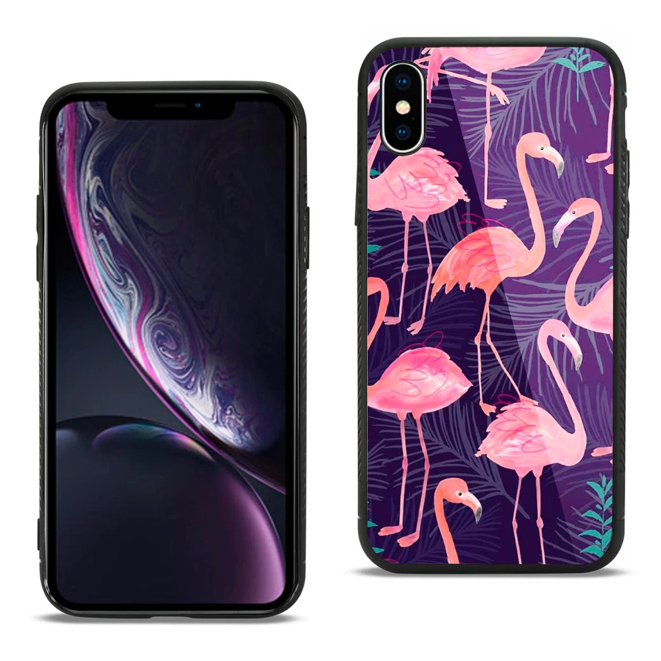 For Apple iPhone - ShockProof Cover TPU Bumper Glass Backing Case Flamingo 02 - Image 1 of 1