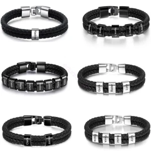 Personalized Leather Bracelet Mens with 1-5wo Custom Name Beads Engraved For Men - Picture 1 of 29