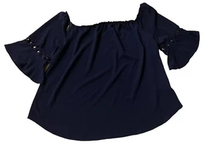 Moa moa Top Size 2X Navy Blue Off The Shoulder Bell Sleeve Blouse Woman - Picture 1 of 8