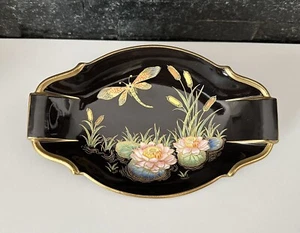 Rare Vintage Carlton Ware Handpainted Dragonfly Lily Black Gold Dish - Picture 1 of 8