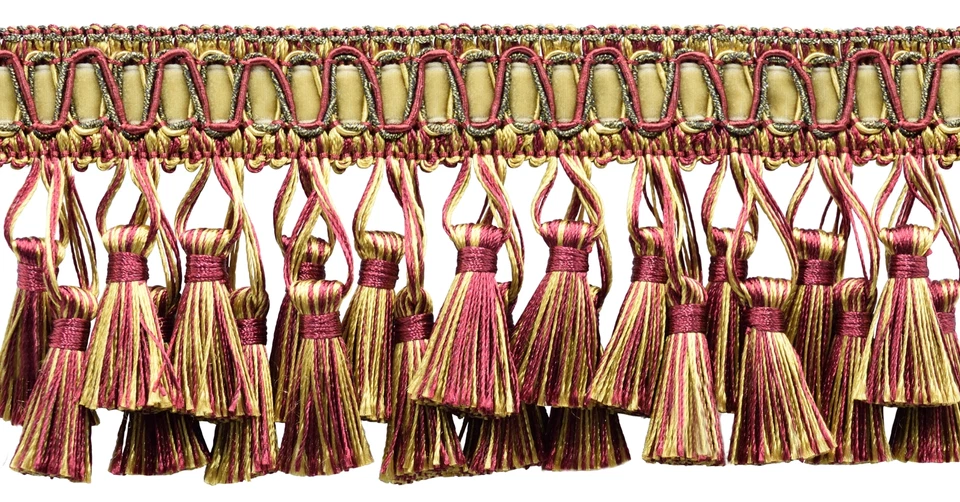 Guarnição de franja de borla de duas camadas, cor # 1253 - Vermelho ouro borgonha [vendido por jarda] - Imagem 1 de 1